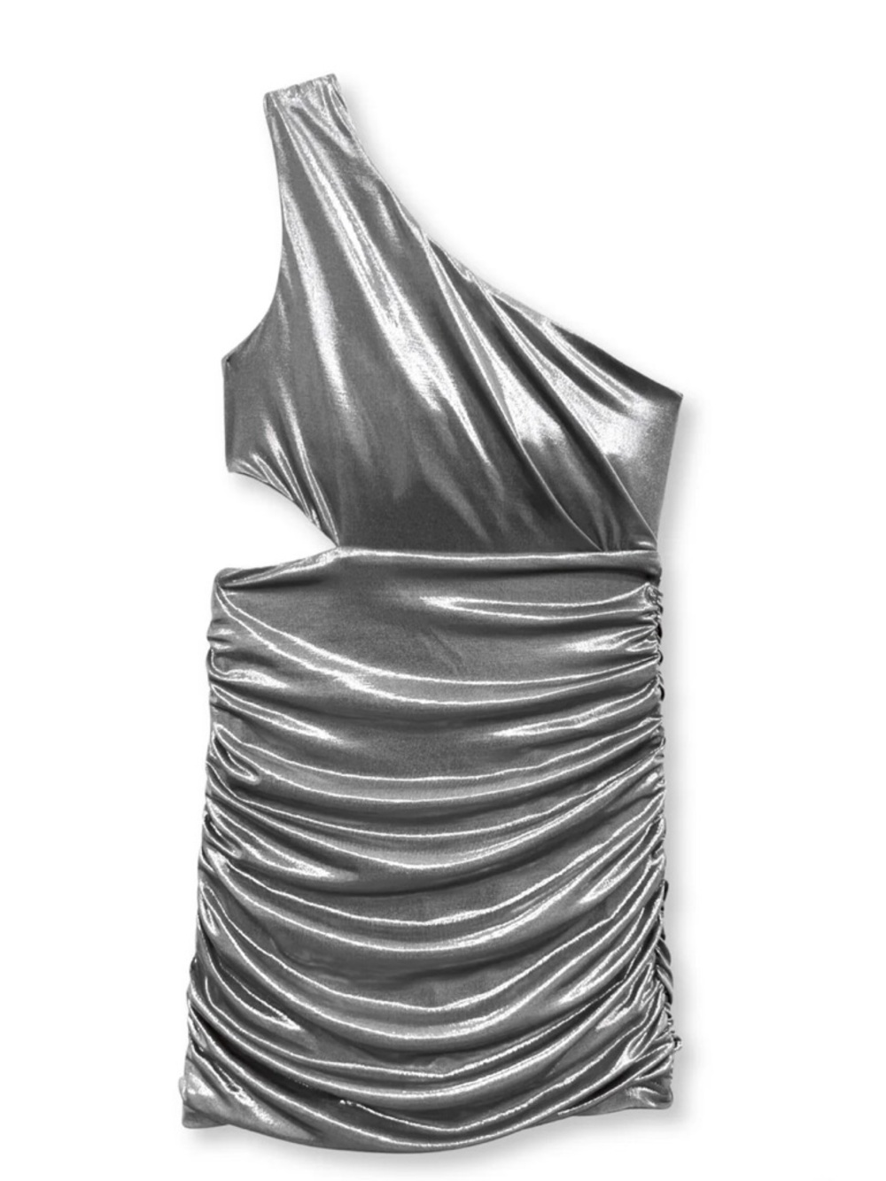 NWT. KATIEJ One-Shoulder Metallic Silver Ruched Mini Dress